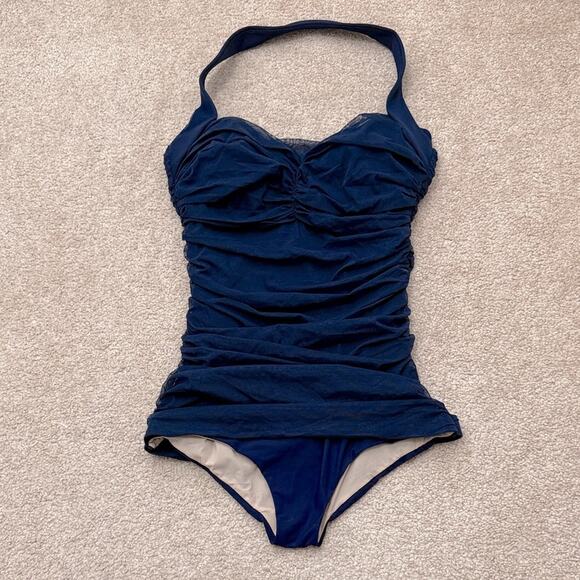 Chiara Boni Halter Tie Chiffon Ruched Navy Blue One Piece Swimsuit Size 42/M - Picture 1 of 12